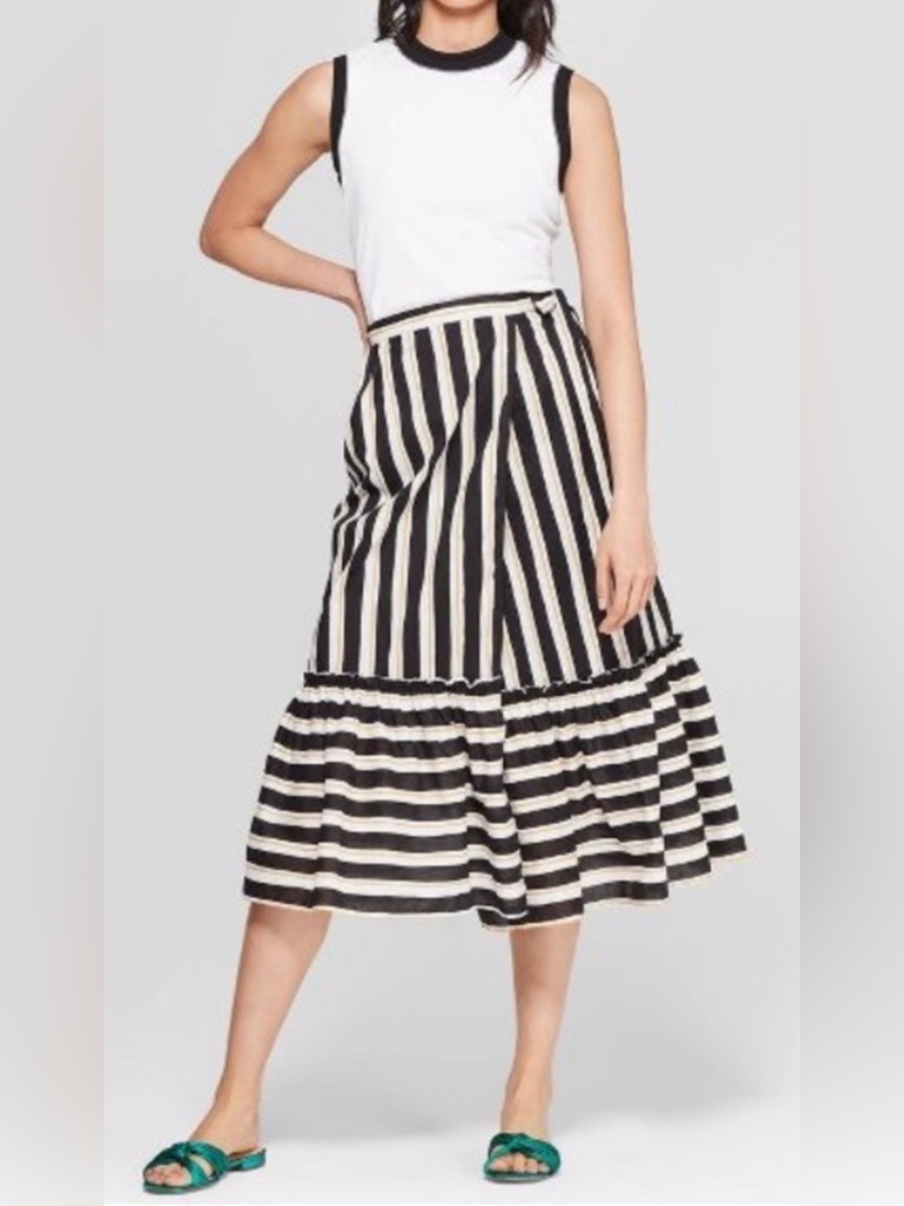 Who What Wear Striped Ruffle Hem Midi Wrap Skirt Black White Mustard Cotton  2